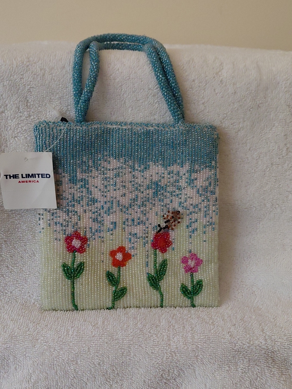 The Limited Beaded Floral Mini Tote in Aqua and Cream